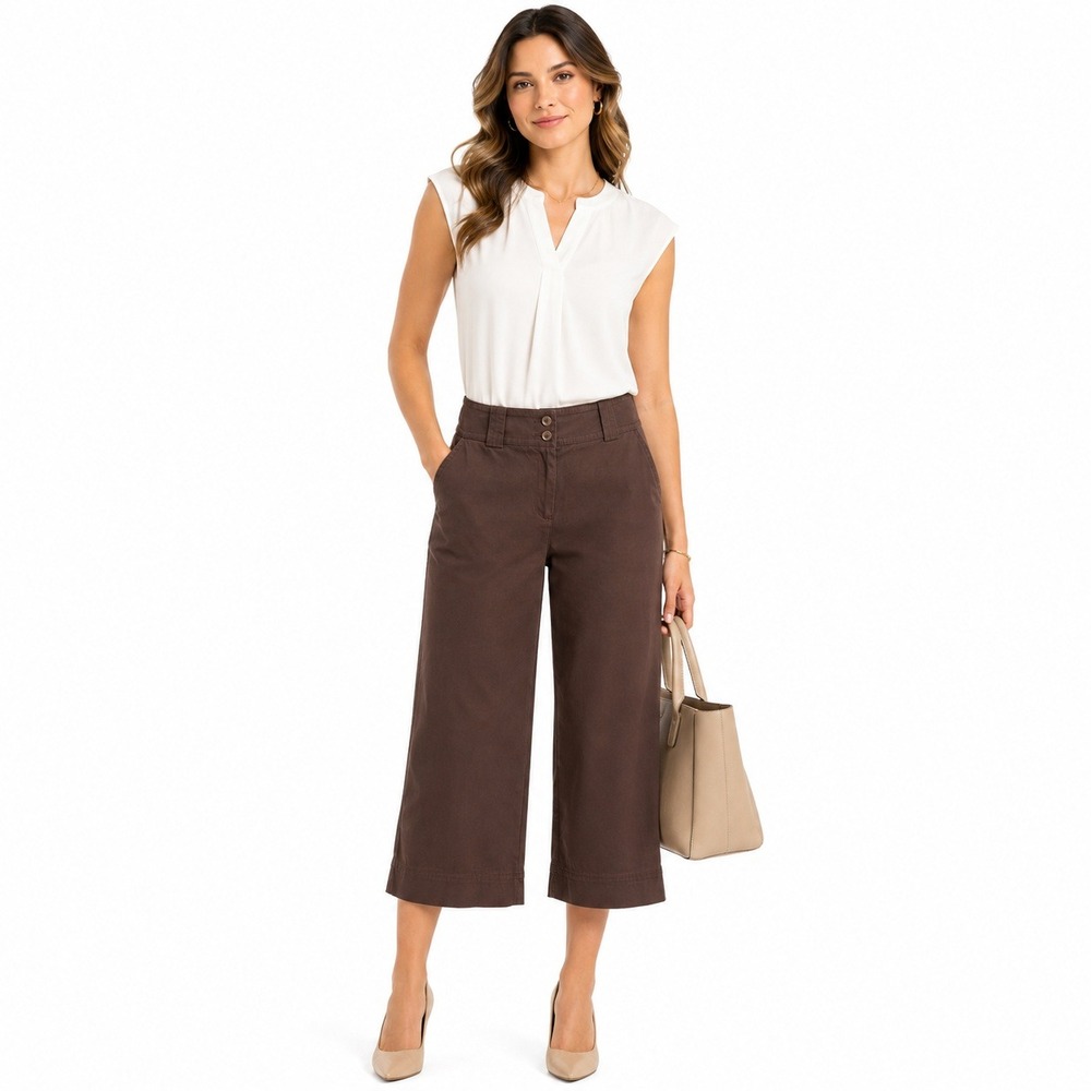 Anne‎ Klein Capris Womens 10P Brown Stretch Cotton Wide Leg Crop Pants Office
